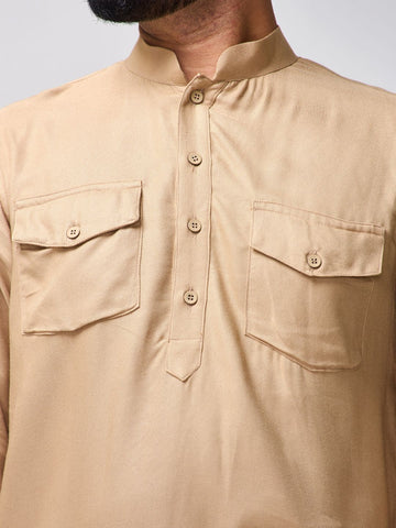 Nabia Men’s Beige Solid Farsi Kurta Pants Set