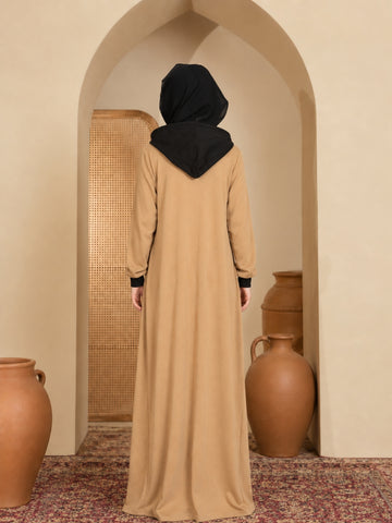 Modest Women’s Beige Jersey Abaya with Attached Hood