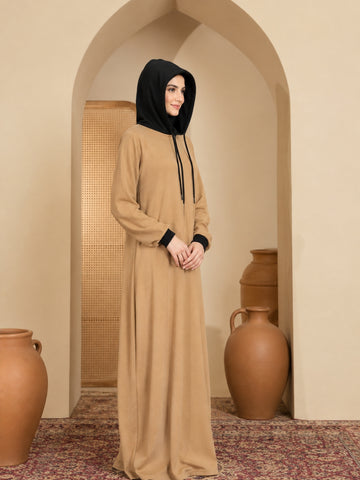 Modest Women’s Beige Jersey Abaya with Attached Hood