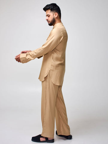 Nabia Men’s Beige Solid Farsi Kurta Pants Set