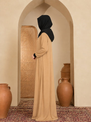 Modest Women’s Beige Jersey Abaya with Attached Hood