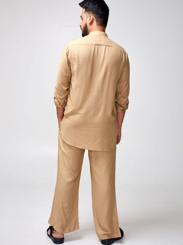 Nabia Men’s Beige Solid Farsi Kurta Pants Set
