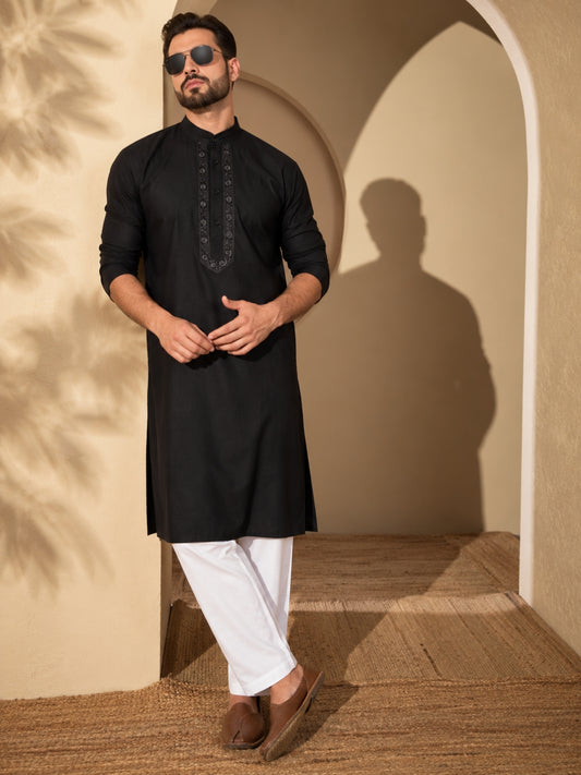 Embroidered Cotton Linen Black Kurta and White Pajama Set for Men