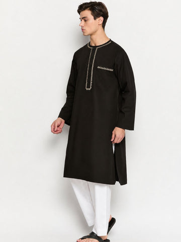 Black Cotton Embroidery Details Men's Kurta Pajama Set