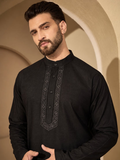 Embroidered Cotton Linen Black Kurta and White Pajama Set for Men