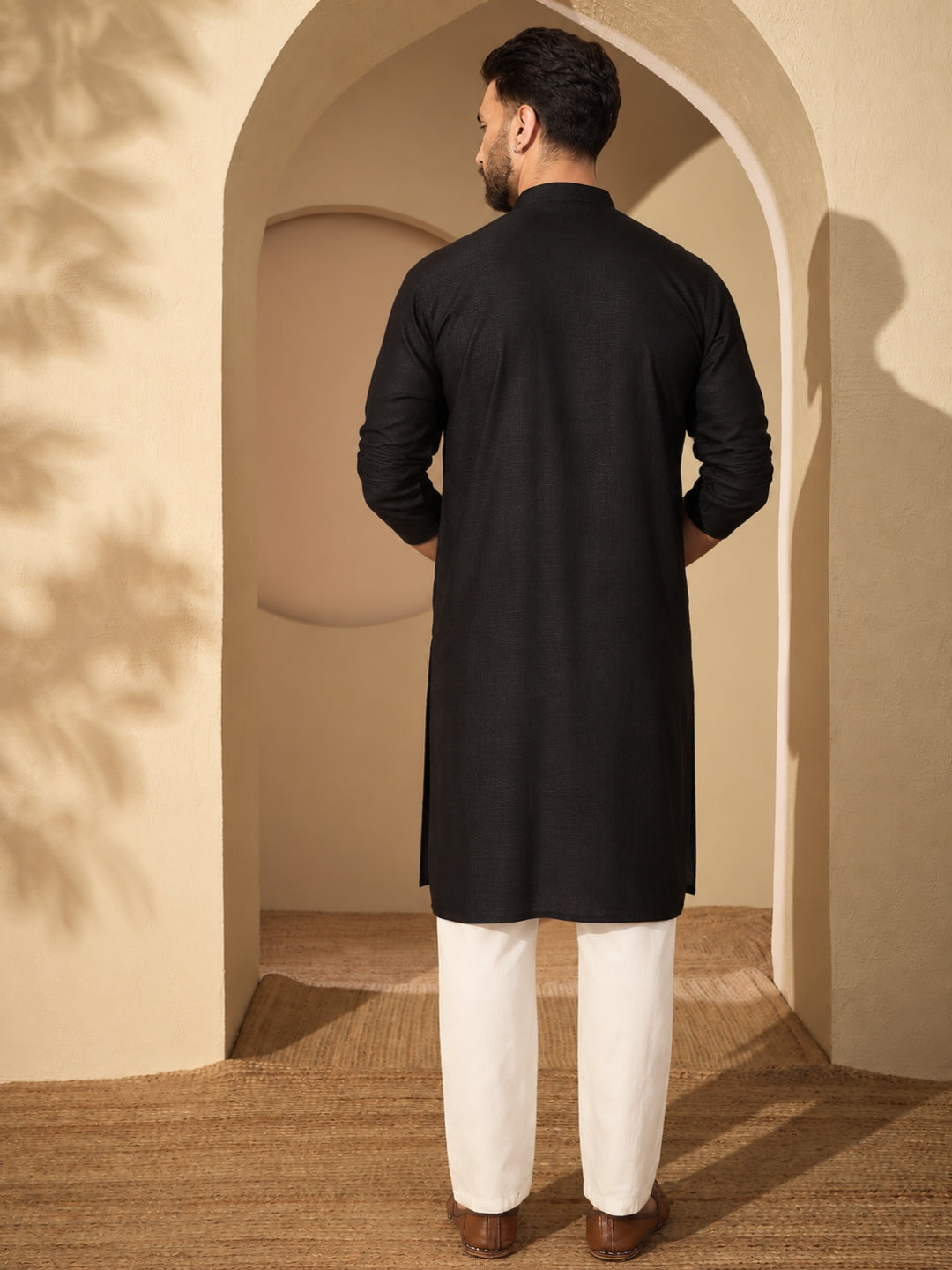 Embroidered Cotton Linen Black Kurta and White Pajama Set for Men
