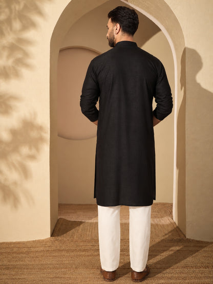 Embroidered Cotton Linen Black Kurta and White Pajama Set for Men