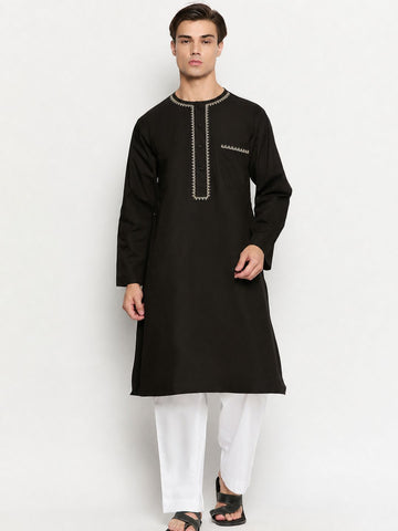 Black Cotton Embroidery Details Men's Kurta Pajama Set