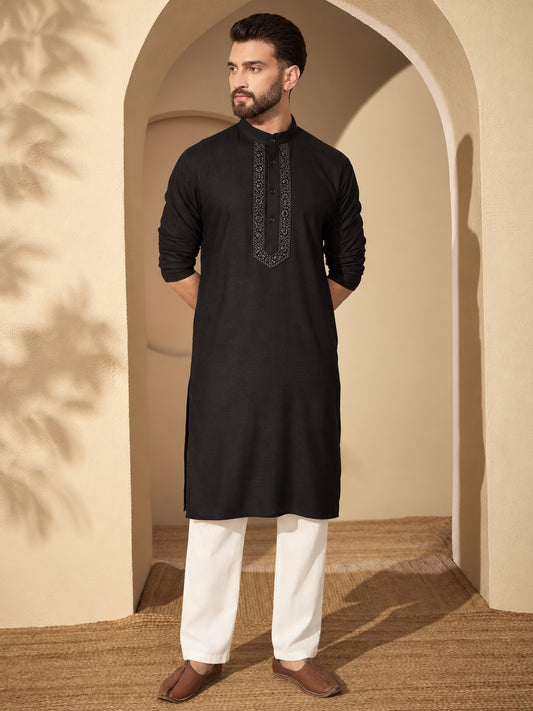 Embroidered Cotton Linen Black Kurta and White Pajama Set for Men