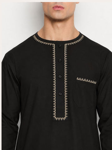 Black Cotton Embroidery Details Men's Kurta Pajama Set
