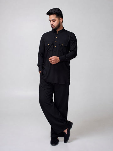 Nabia Men’s Black Solid Farsi Kurta Pants Set