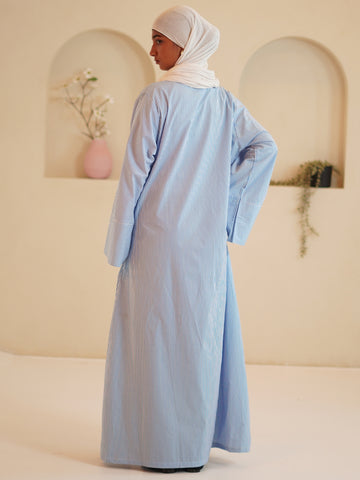 Blue Front Open Striped Shirt Dress