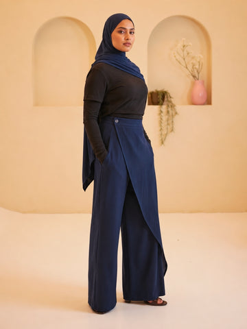Women’s Modest Overlap Solid Navy Blue Trousers