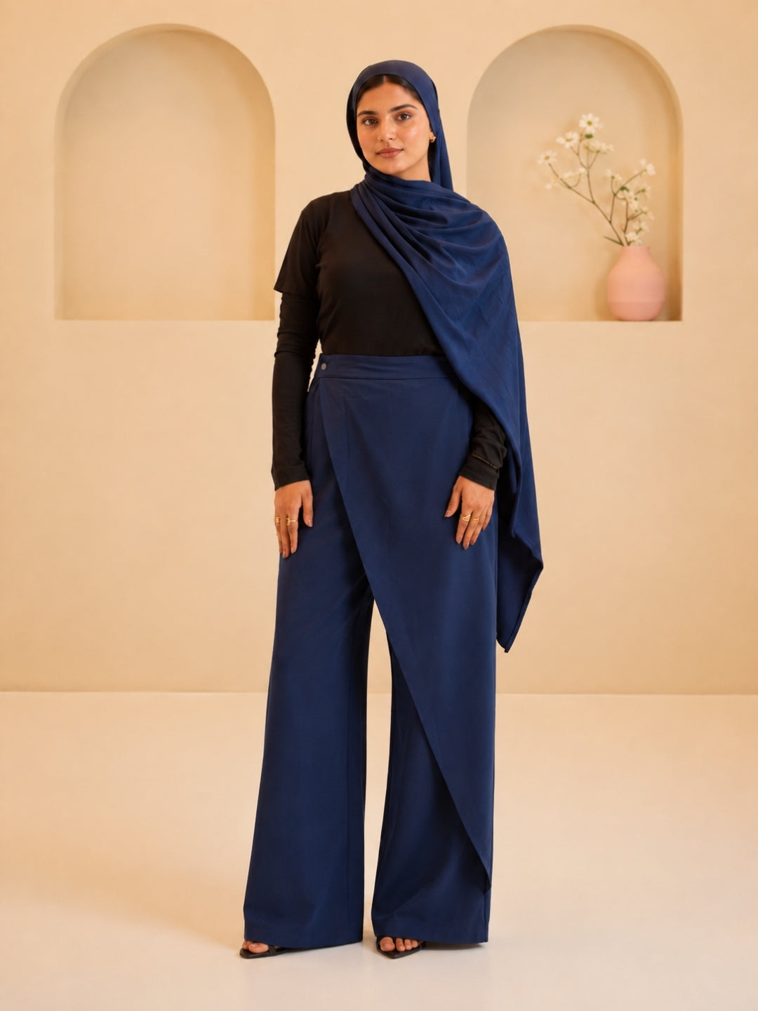 Women’s Modest Overlap Solid Navy Blue Trousers