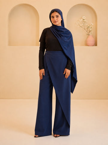 Women’s Modest Overlap Solid Navy Blue Trousers