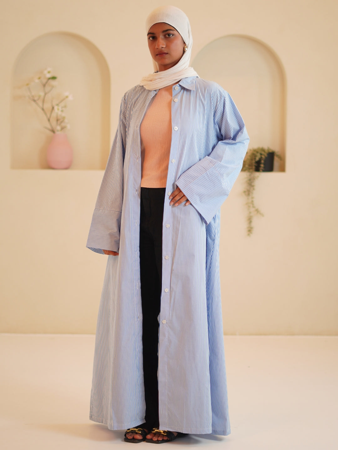 Blue Front Open Striped Shirt Dress