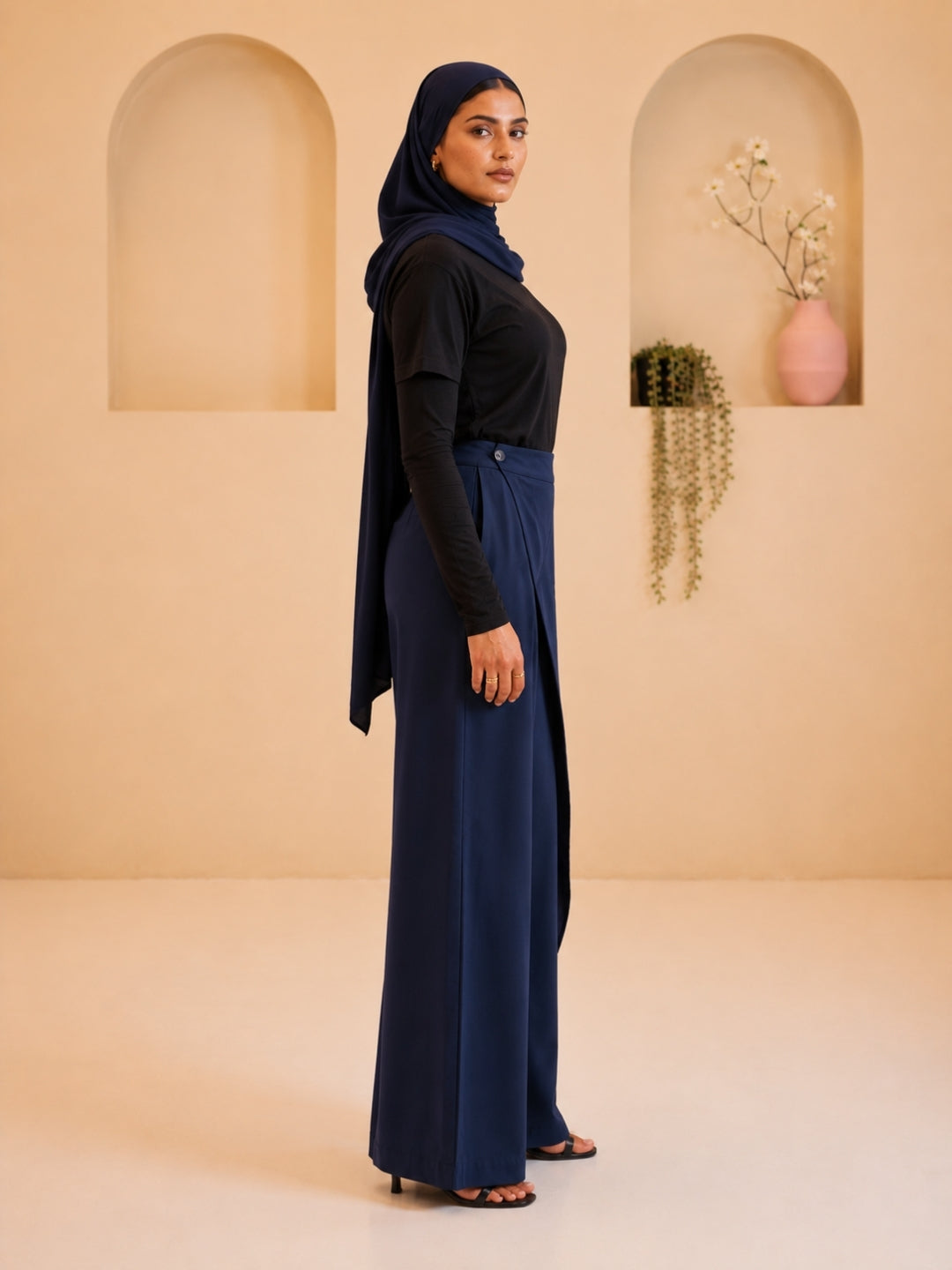 Women’s Modest Overlap Solid Navy Blue Trousers