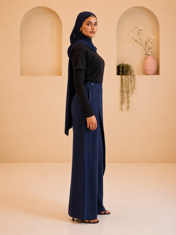 Women’s Modest Overlap Solid Navy Blue Trousers