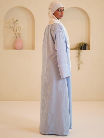 Blue Front Open Striped Shirt Dress