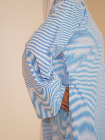 Blue Front Open Striped Shirt Dress