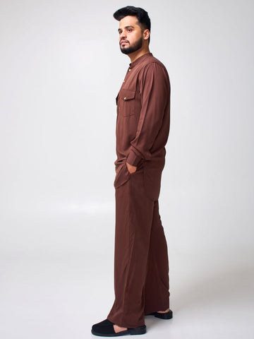 Nabia Men’s Brown Solid Farsi Kurta Pants Set