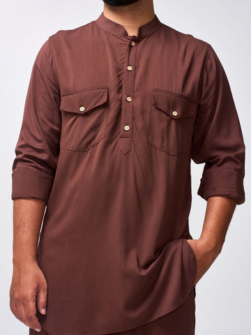 Nabia Men’s Brown Solid Farsi Kurta Pants Set