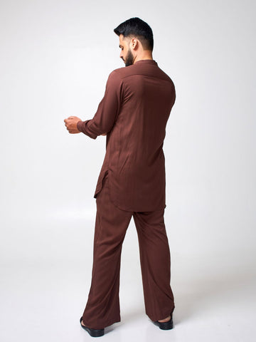 Nabia Men’s Brown Solid Farsi Kurta Pants Set
