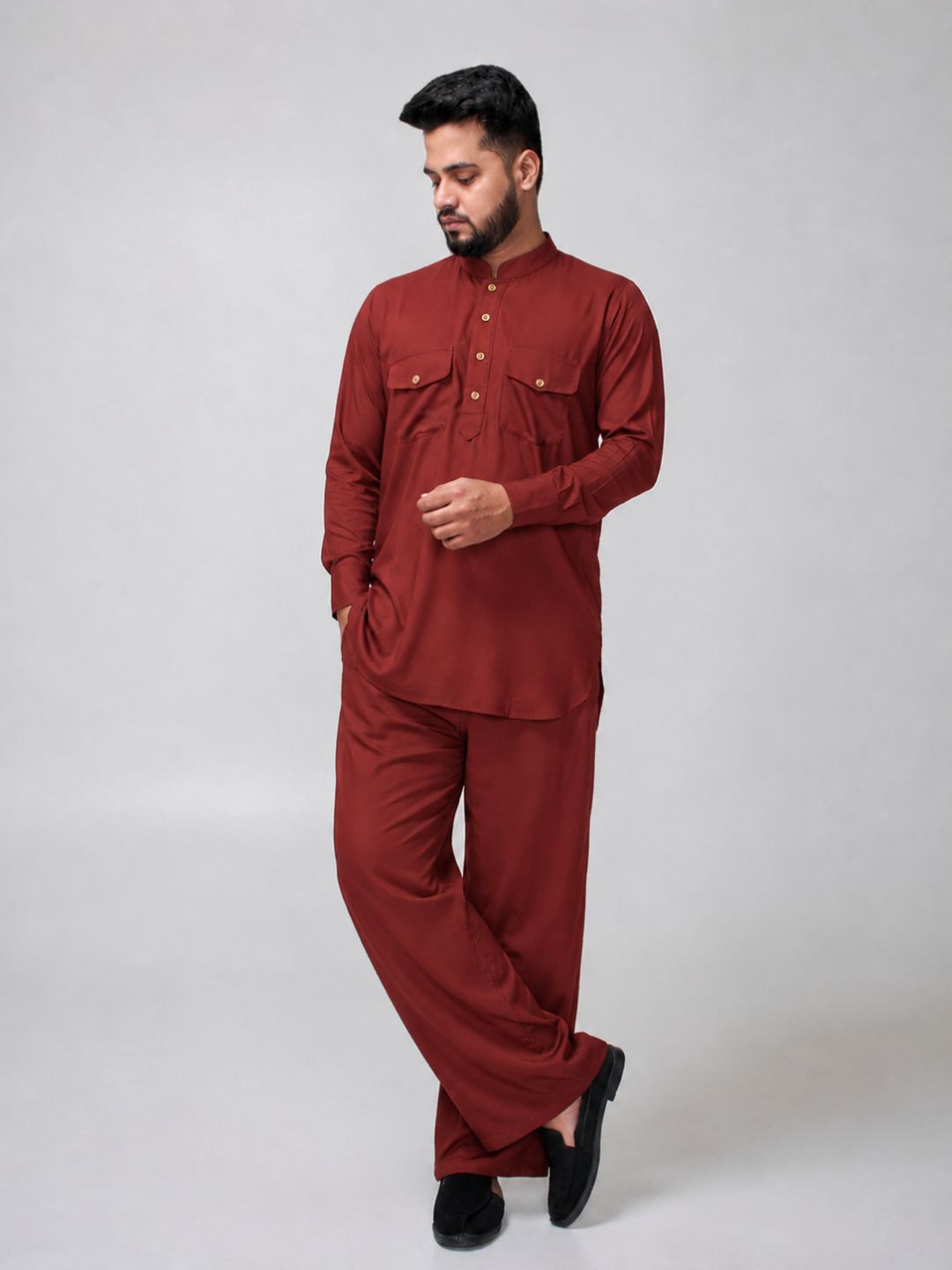 Nabia Men’s Rust Solid Farsi Kurta Pant Set