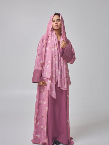 2 Piece Modest Printed Shrug Abaya with Matching Hijab for Women
