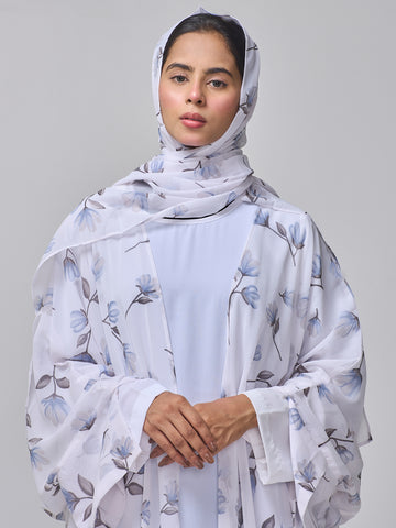 White Printed Modest Shrug Abaya with Matching Inner & Hijab