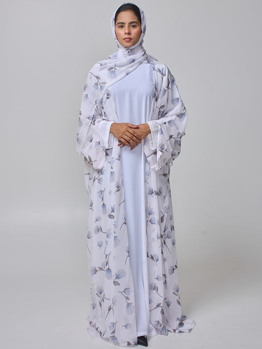 White Printed Modest Shrug Abaya with Matching Inner & Hijab