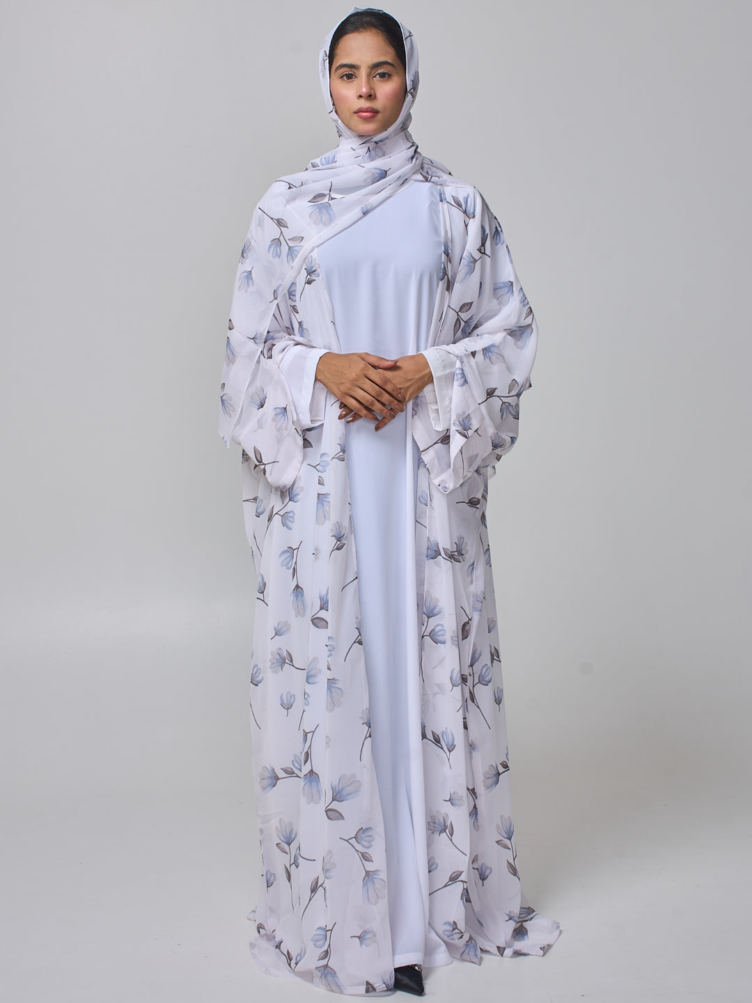 White Printed Modest Shrug Abaya with Matching Inner & Hijab
