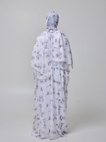 White Printed Modest Shrug Abaya with Matching Inner & Hijab