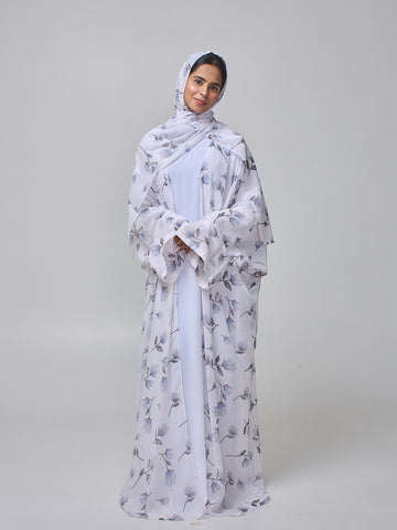 White Printed Modest Shrug Abaya with Matching Inner & Hijab
