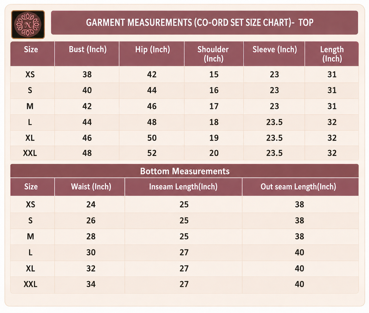 Product size chart