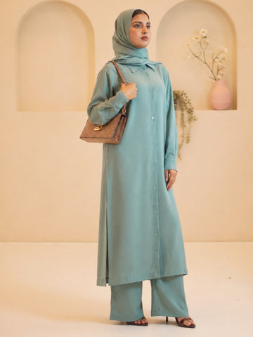Front Open Green Co-ord Set for Women with Matching Hijab