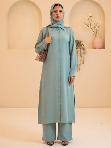 Front Open Green Co-ord Set for Women with Matching Hijab