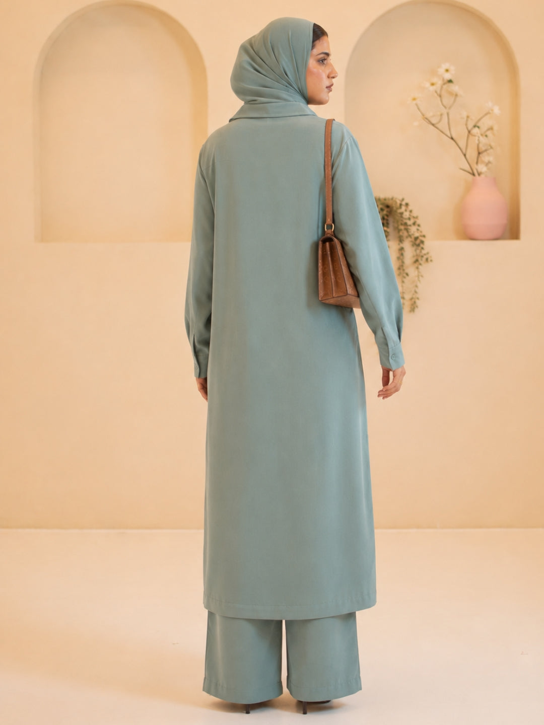 Modest Front Open Pastel Green Long Shirt & Pants Set with Matching Hijab