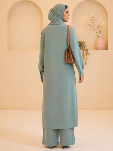 Front Open Green Co-ord Set for Women with Matching Hijab