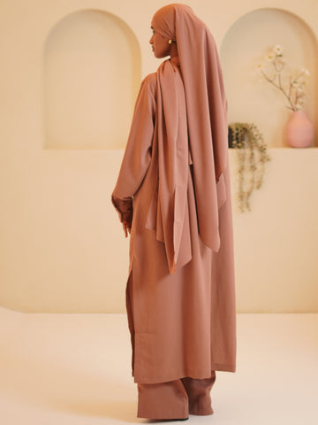 Modest Front Open Rust Long Shirt & Pants Set with Matching Hijab