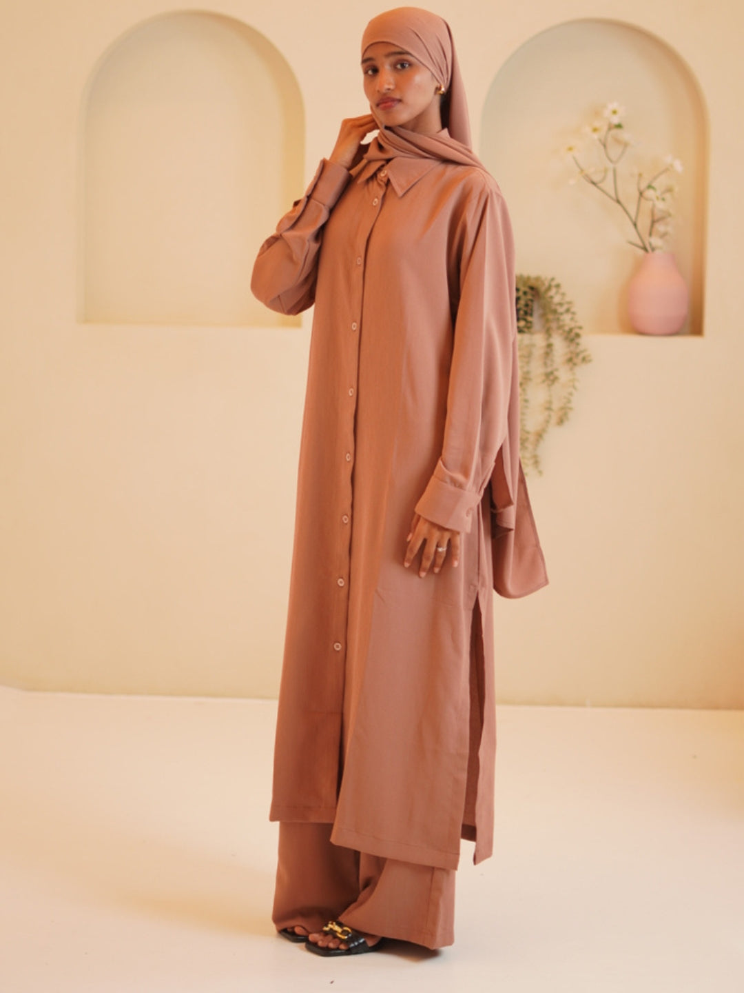 Modest Front Open Rust Long Shirt & Pants Set with Matching Hijab