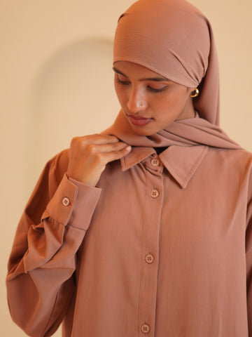 Modest Front Open Rust Long Shirt & Pants Set with Matching Hijab