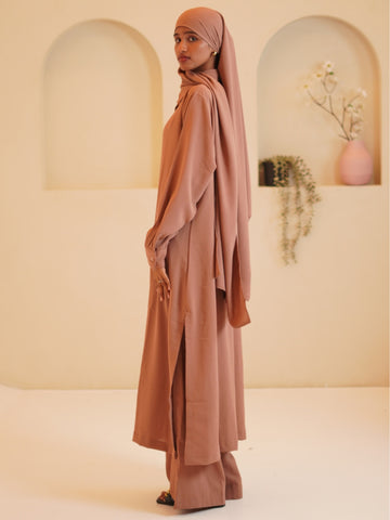 Modest Front Open Rust Long Shirt & Pants Set with Matching Hijab