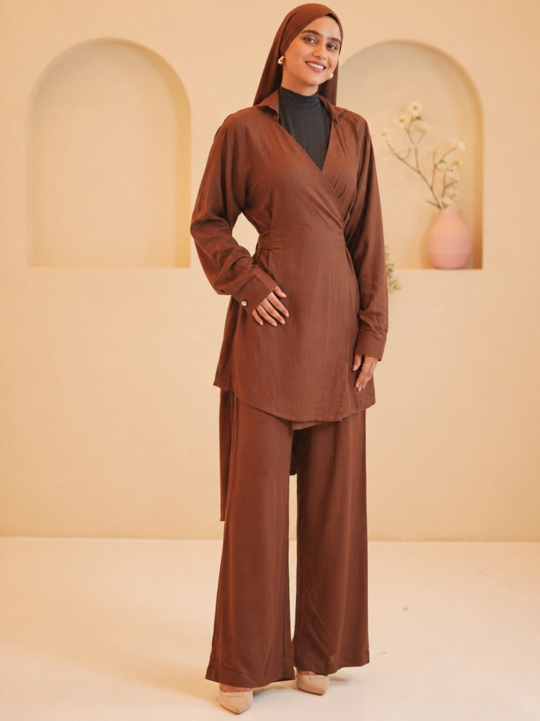 Women’s Modest Brown Essential Wrap Tie Co-Ord Set