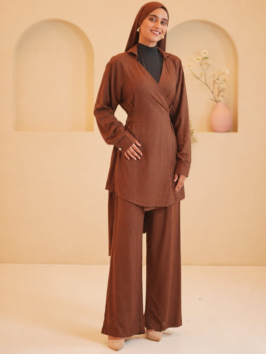 Women’s Modest Brown Essential Wrap Tie Co-Ord Set