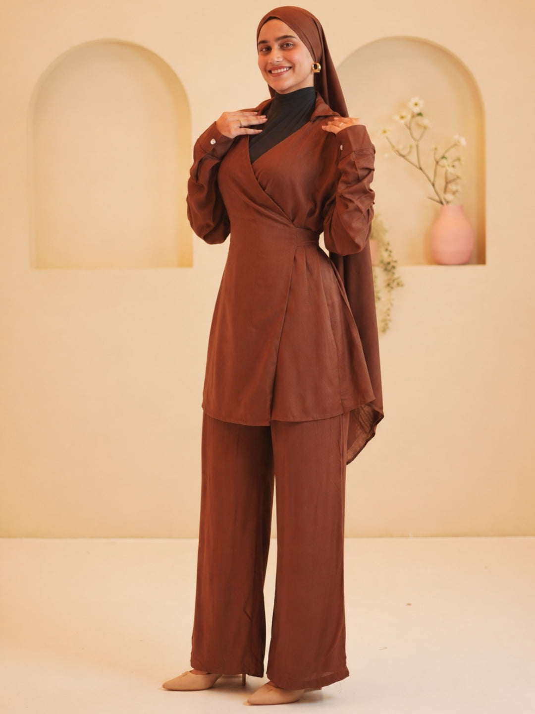 Women’s Modest Brown Essential Wrap Tie Co-Ord Set