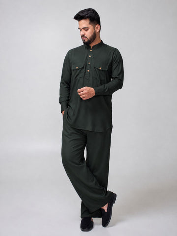 Nabia Men’s Dark Green Solid Farsi Kurta Pants Set