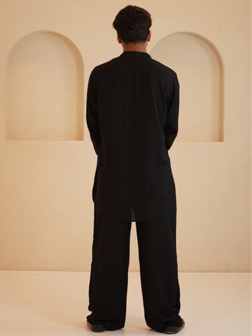 Black Cotton Linen Solid Men’s Kurta Set