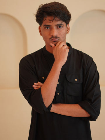 Black Cotton Linen Solid Men’s Kurta Set