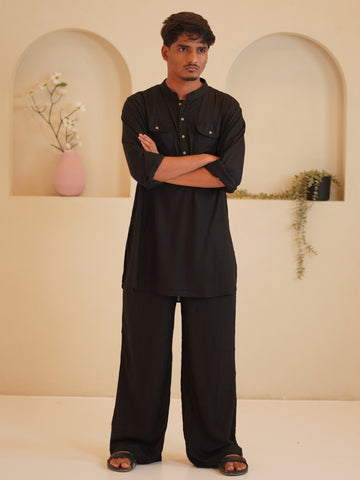 Black Cotton Linen Solid Men’s Kurta Set